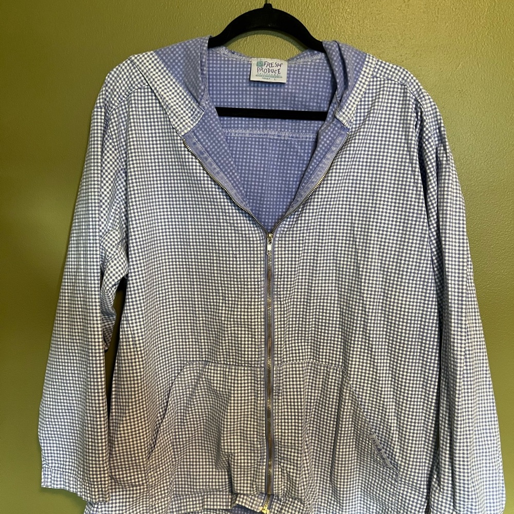 Vintage Blue and White Gingham Zip-Up Hoodie